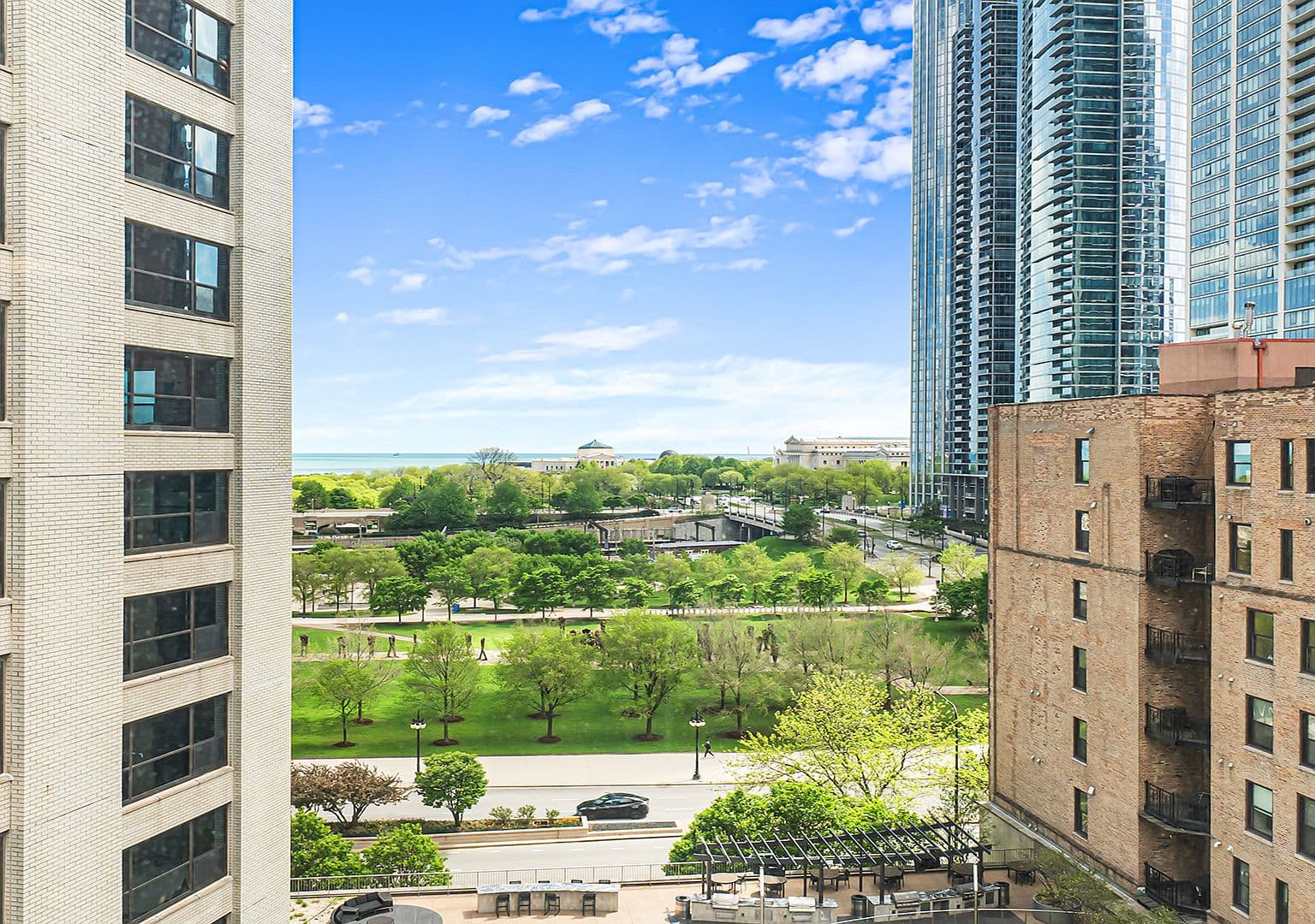 Sweeping Grant Park and Lake Michigan views from the residence