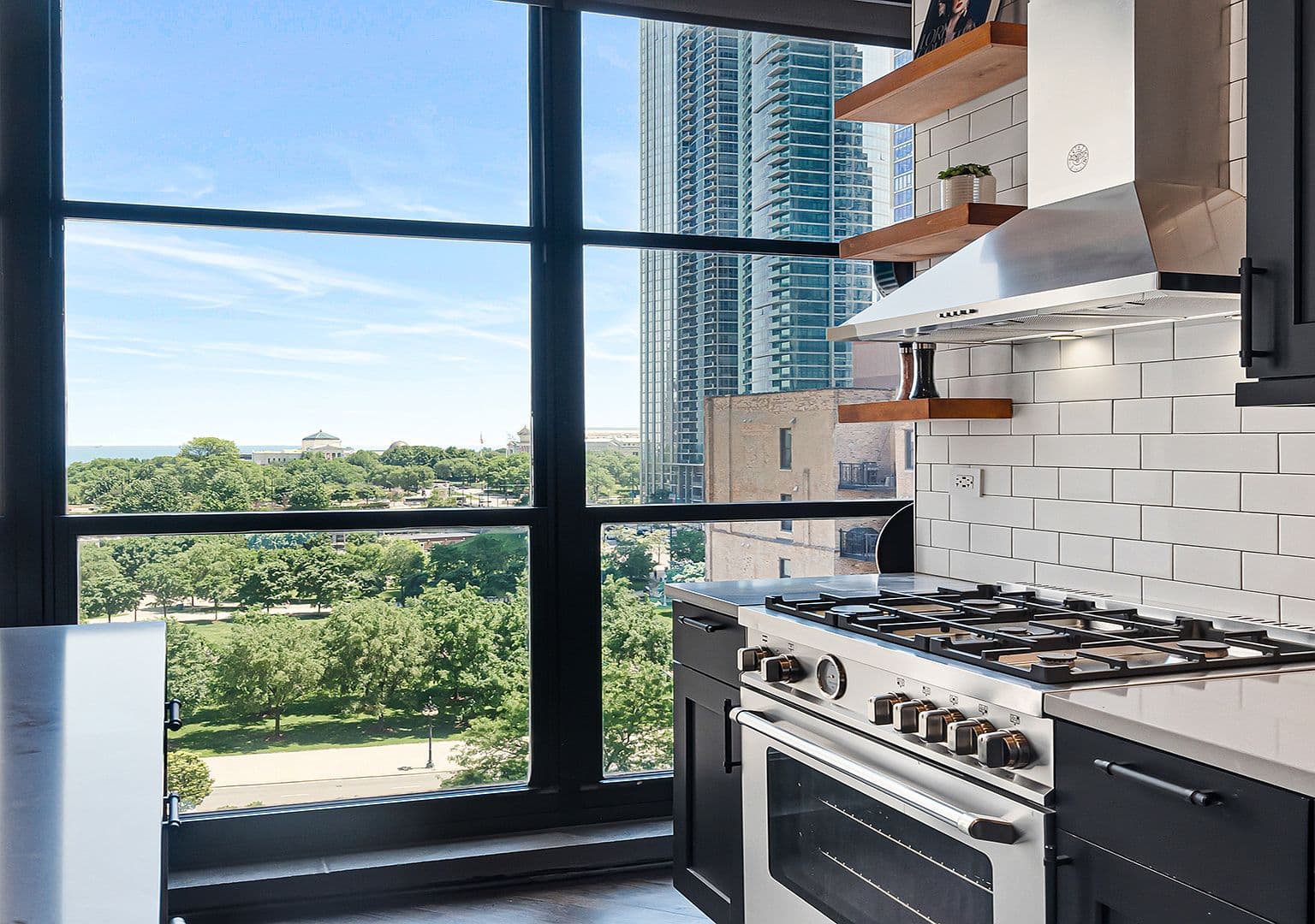 Professional gas range framed by park-view windows and subway tile