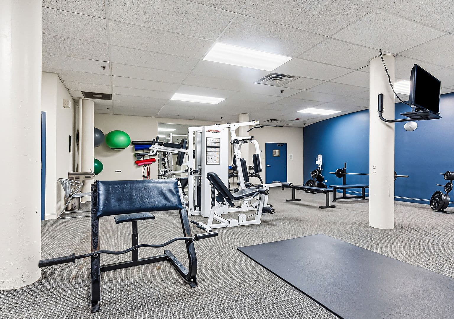 Building fitness center with weights and strength equipment