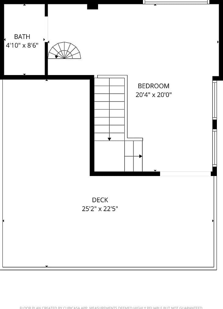 Second-level floor plan with bedroom, bath, and rooftop deck