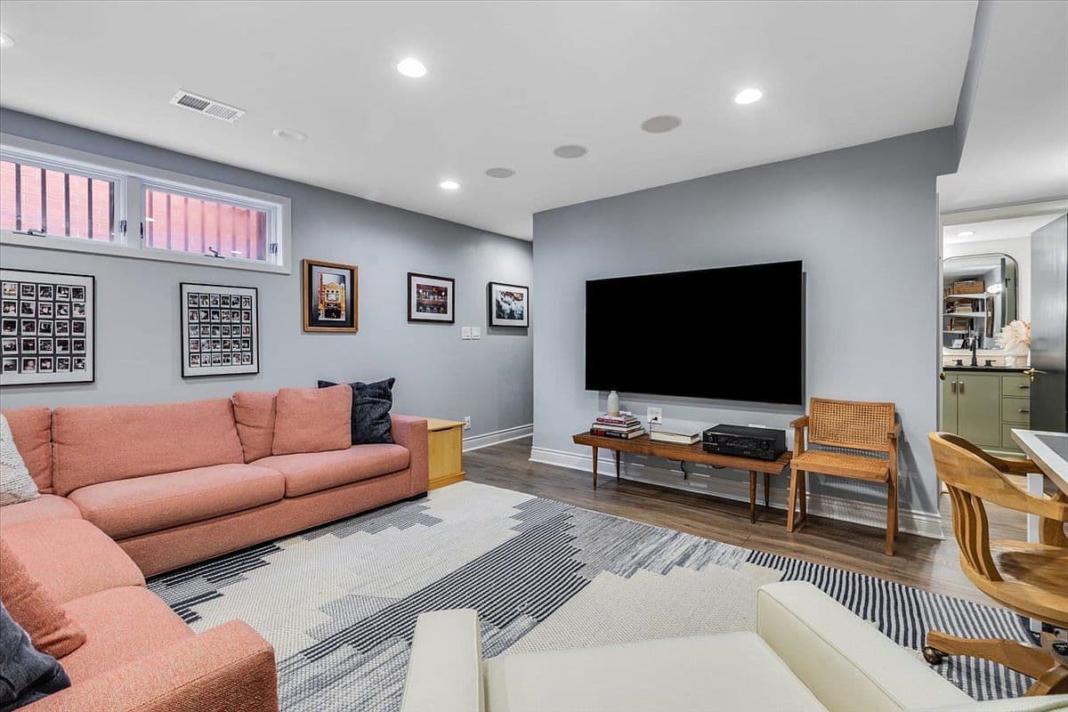 Finished basement family room, perfect for movie nights.
