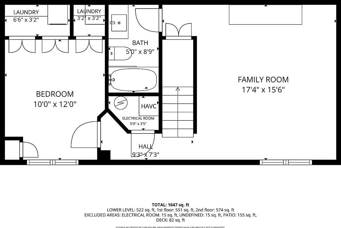 Finished lower-level plan with family room, bedroom, laundry.