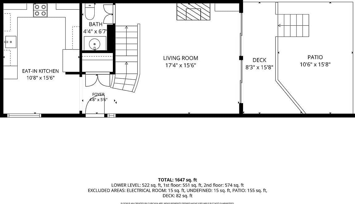 Main level layout featuring eat-in kitchen and outdoor deck.