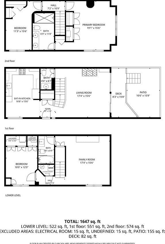 Three-level floorplan showcasing deck, patio, and finished basement.