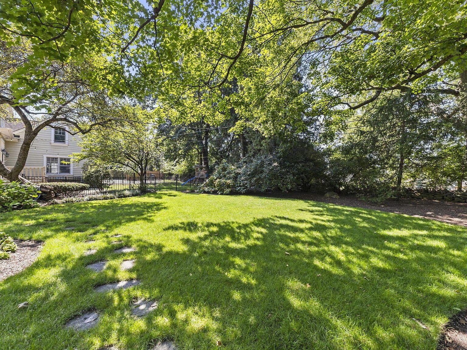 Sun-dappled backyard lawn—perfect for play and parties.