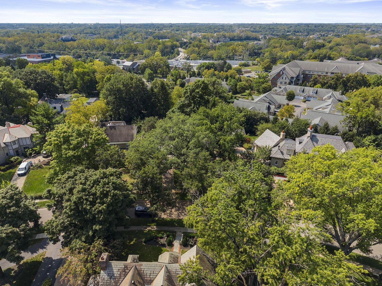 Aerial views showcase a lush, established neighborhood canopy.