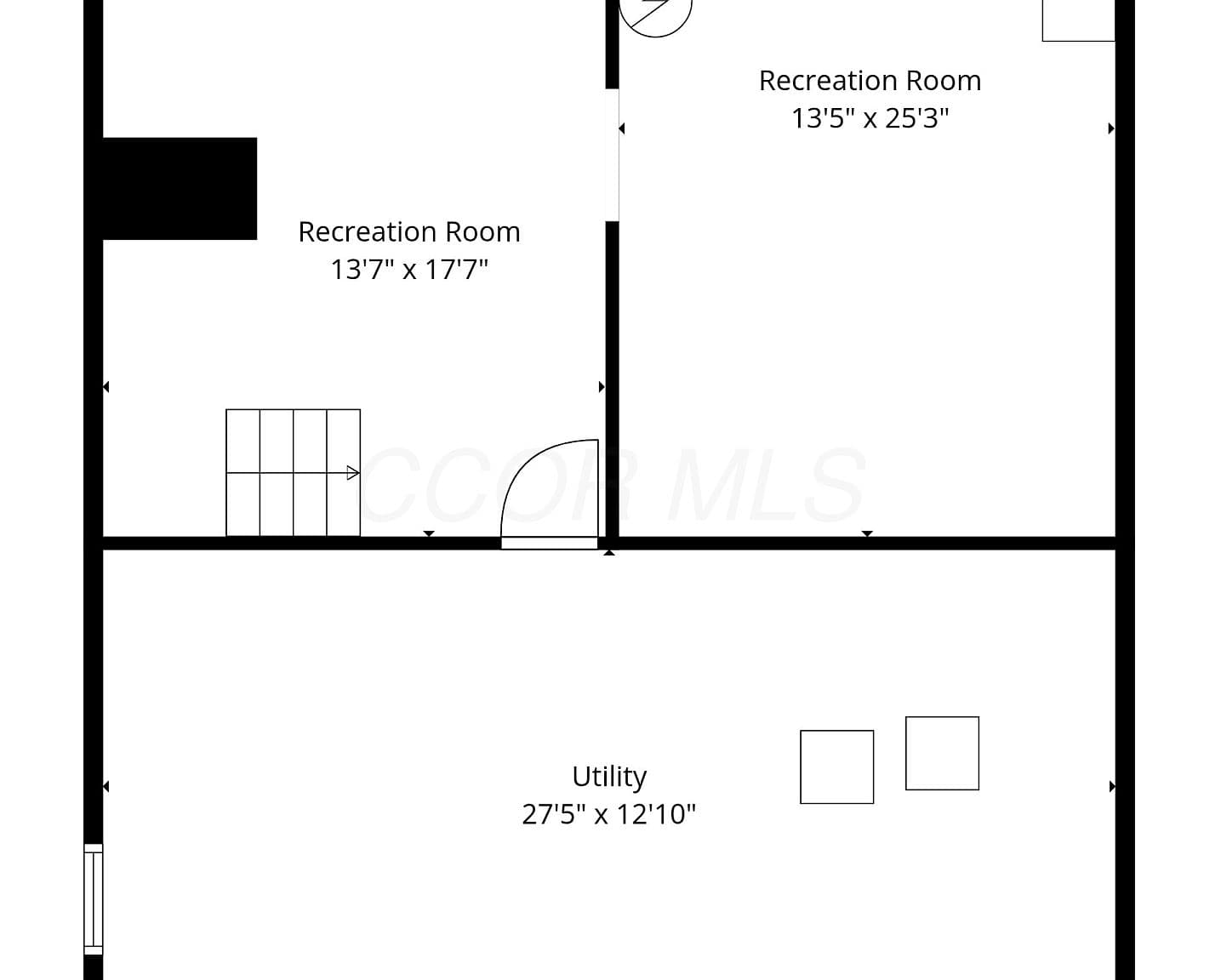 Finished lower level layout with rec rooms and utility space.