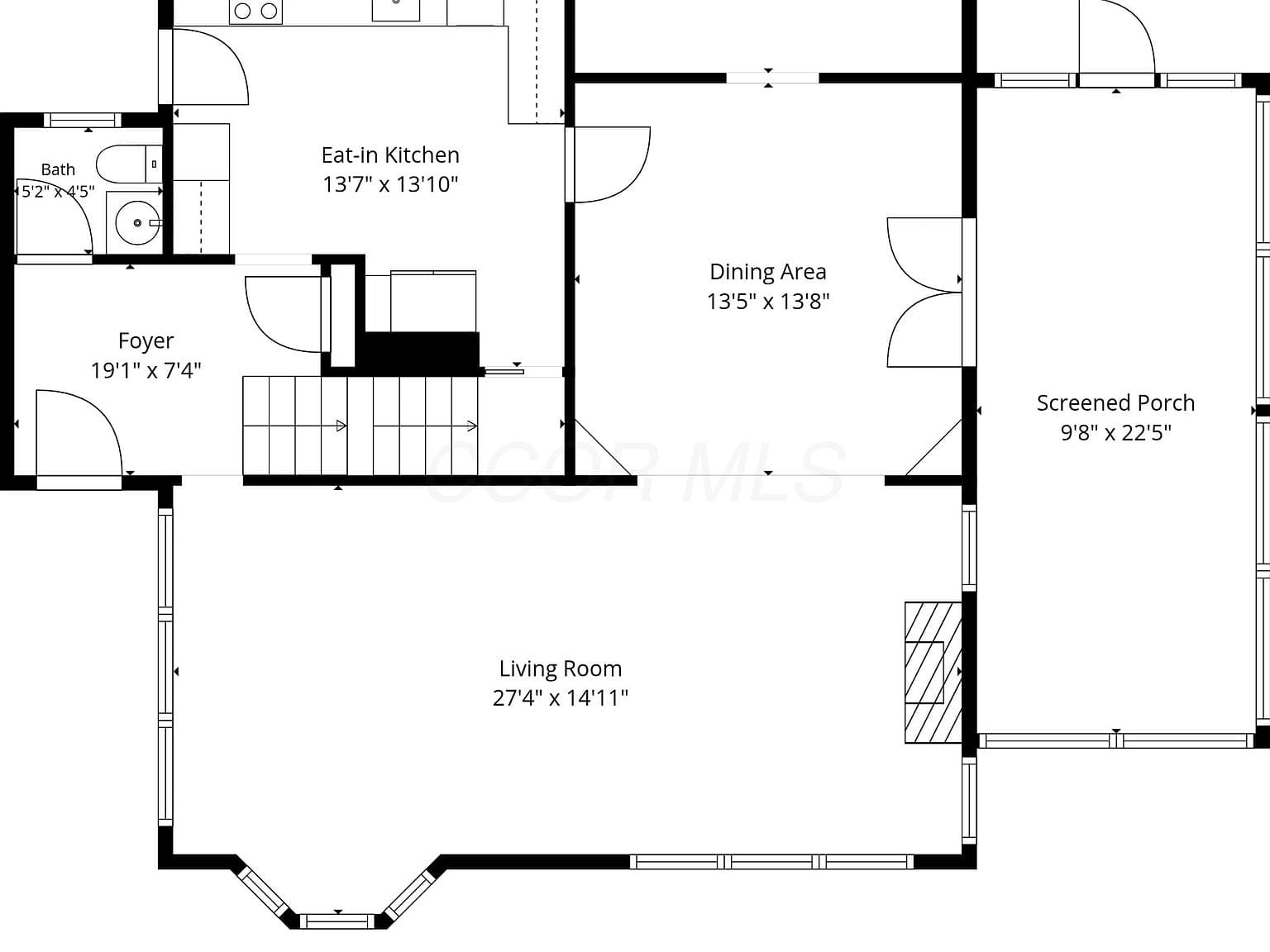 Main-level floor plan with screened porch and generous living spaces.