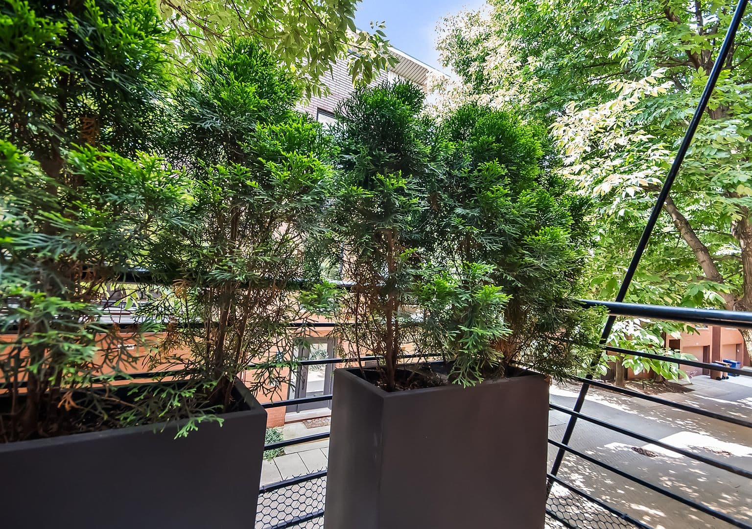 Private balcony retreat framed by lush greenery views.