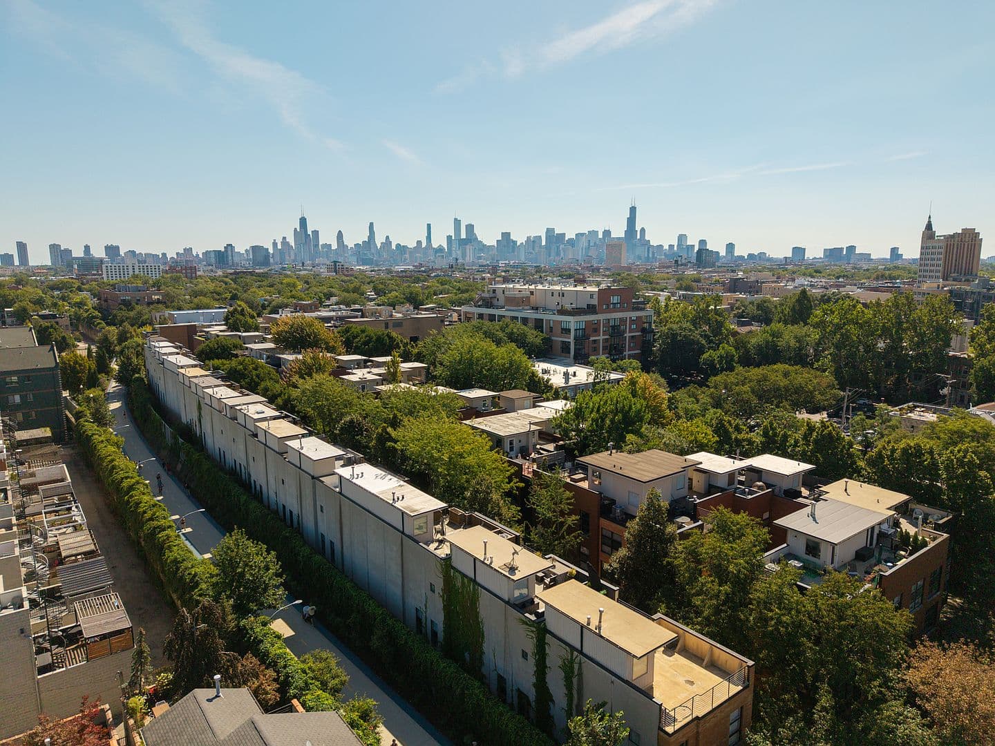 Aerial skyline views steps from The 606 trail.