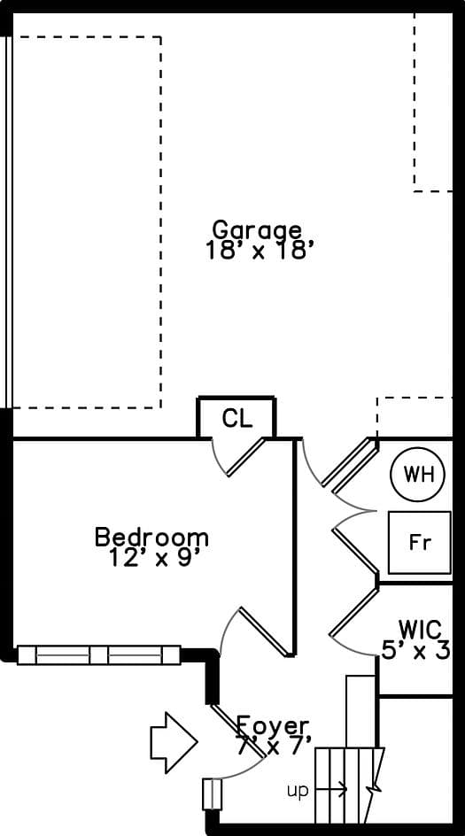 First-floor plan with bedroom, foyer, and garage access.