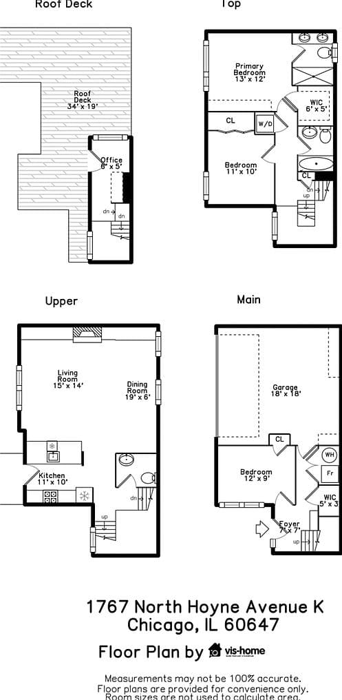 Three-level layout with rooftop deck and two-car garage.