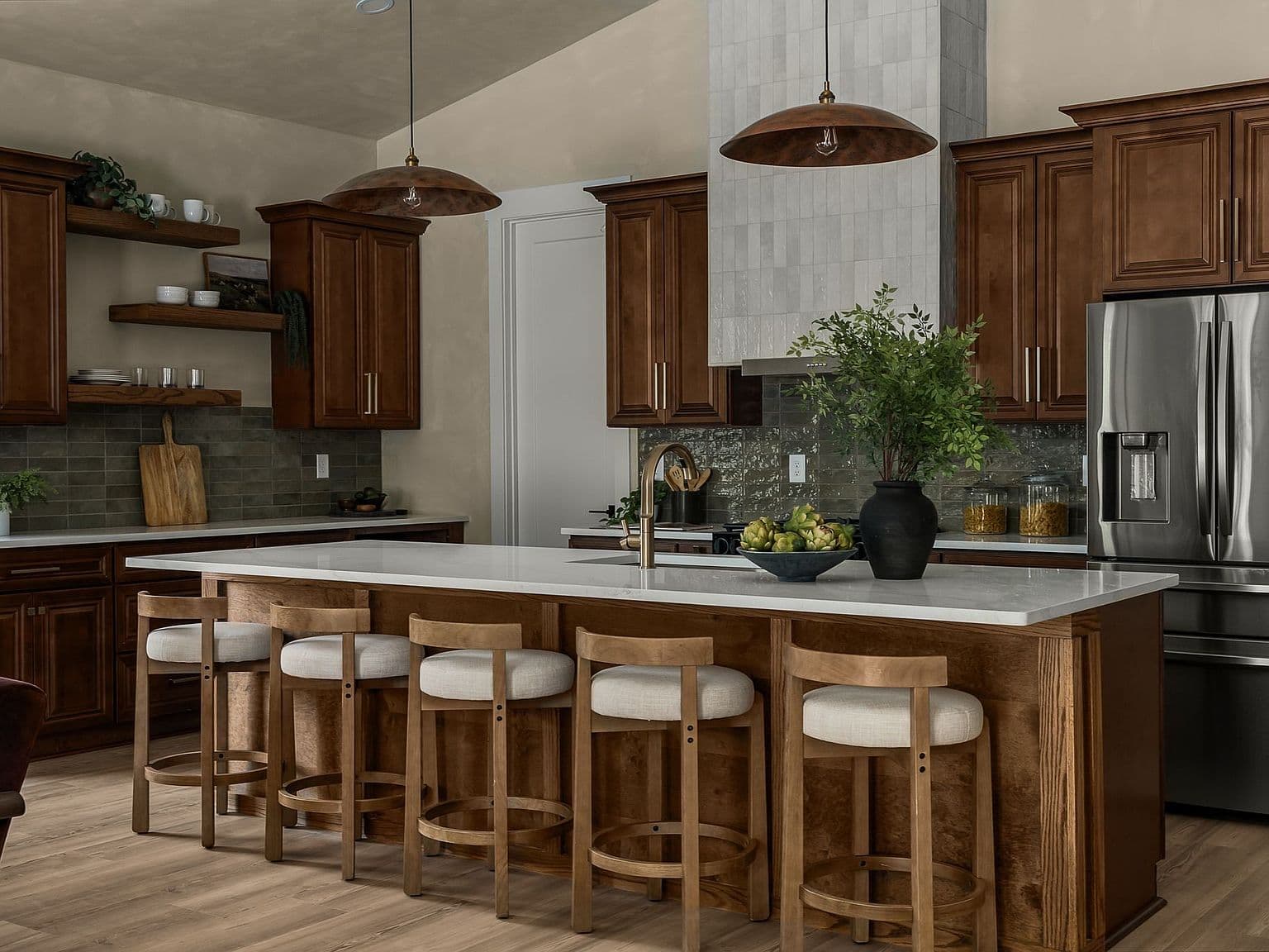 Chef’s kitchen with oversized island and statement tile hood.