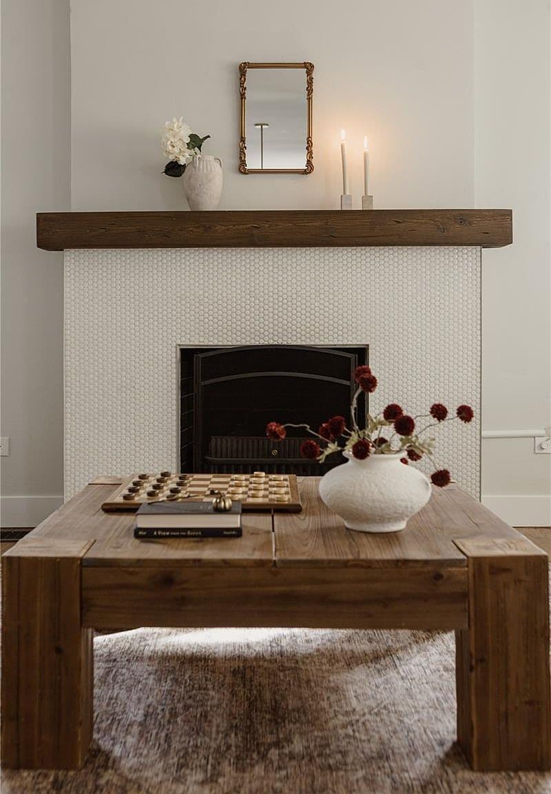 Tiled living-room fireplace adds warmth and timeless character.