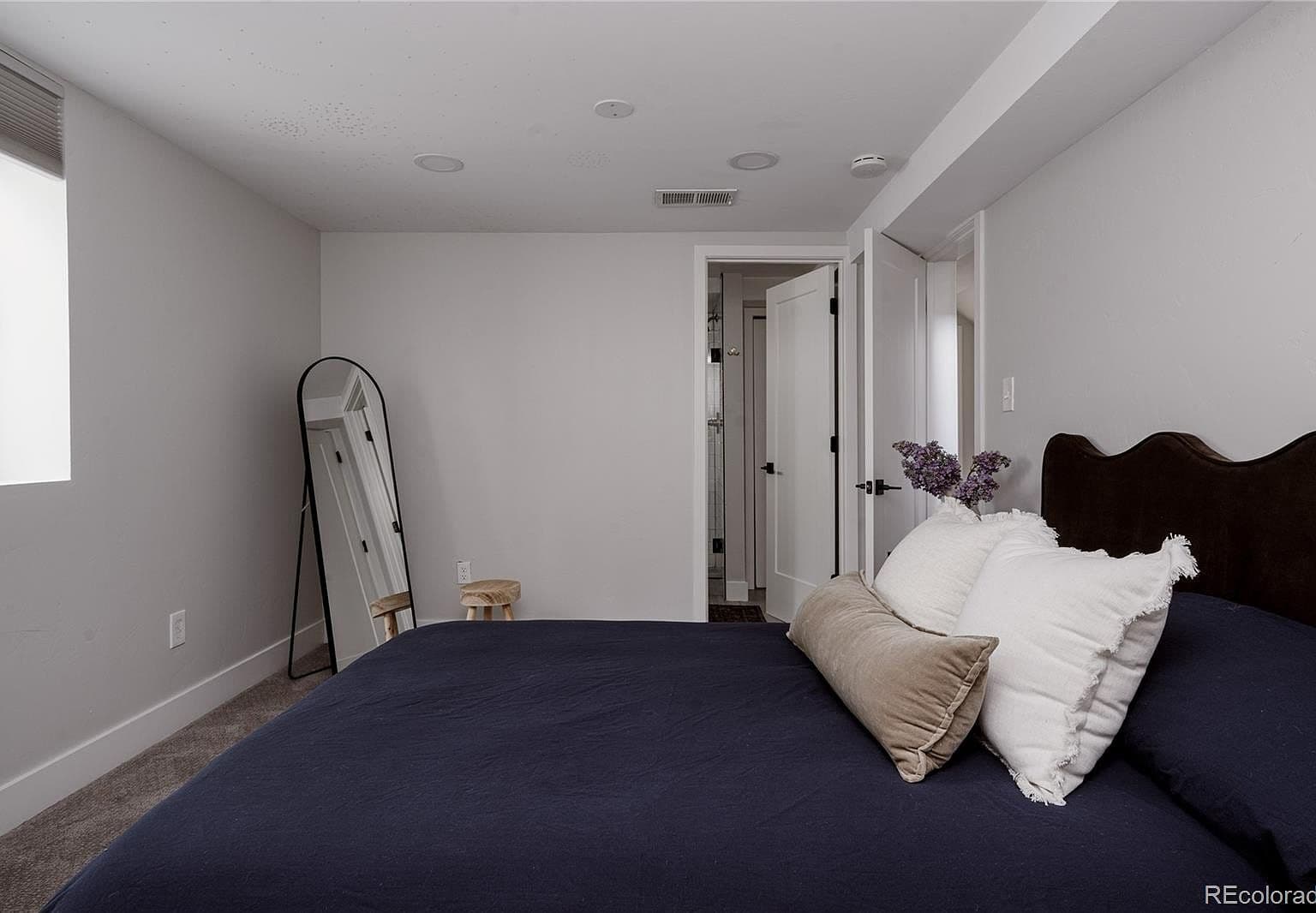 Cozy bedroom with soft carpeting and neutral finishes.
