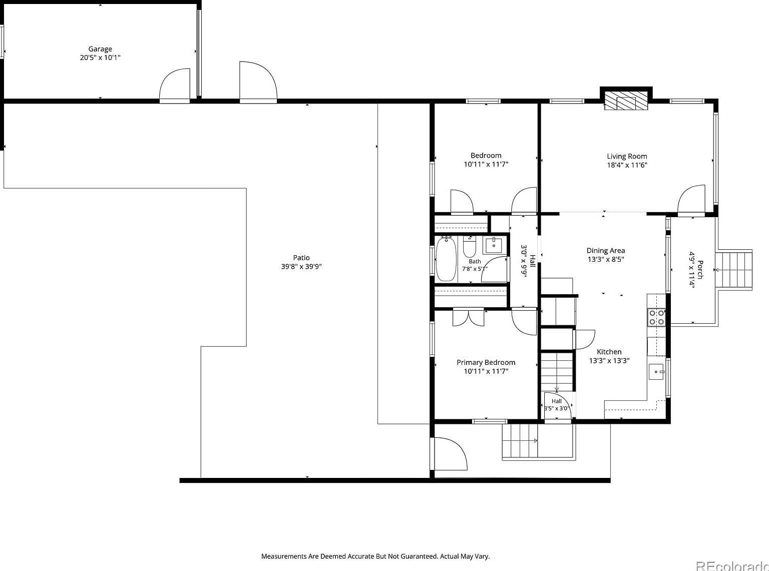 Main-floor plan highlights two bedrooms and a generous patio