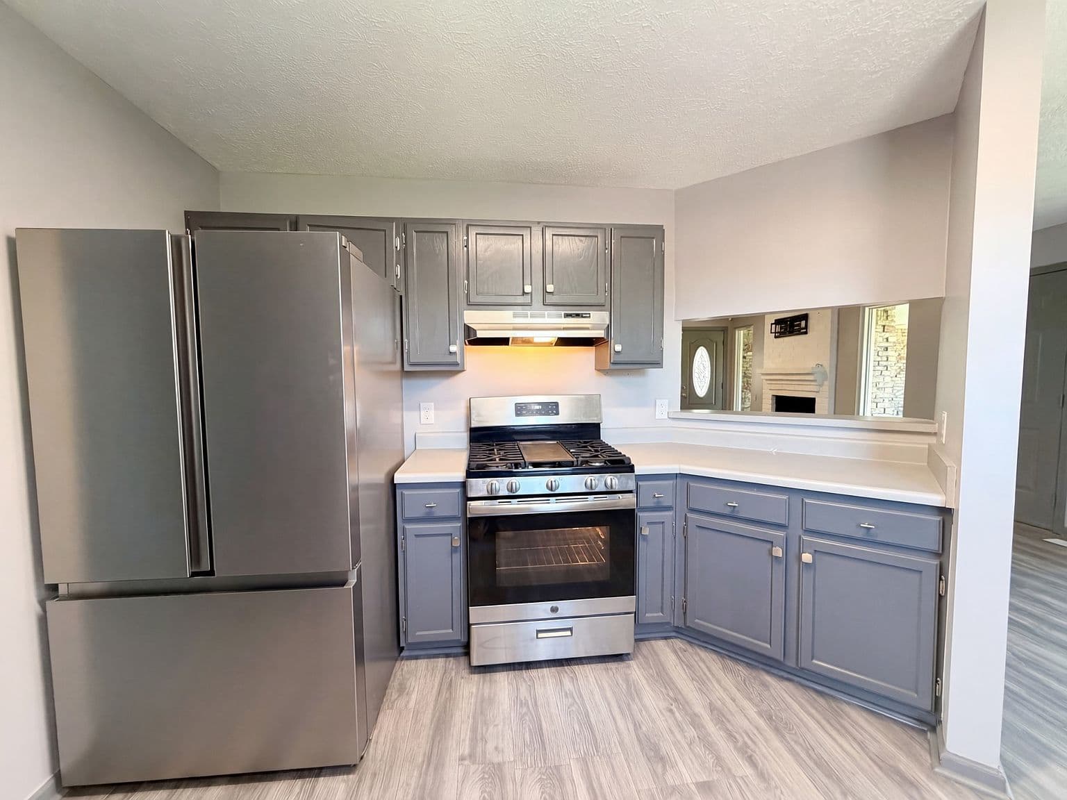 Eat-in kitchen with stainless appliances and ample cabinetry.