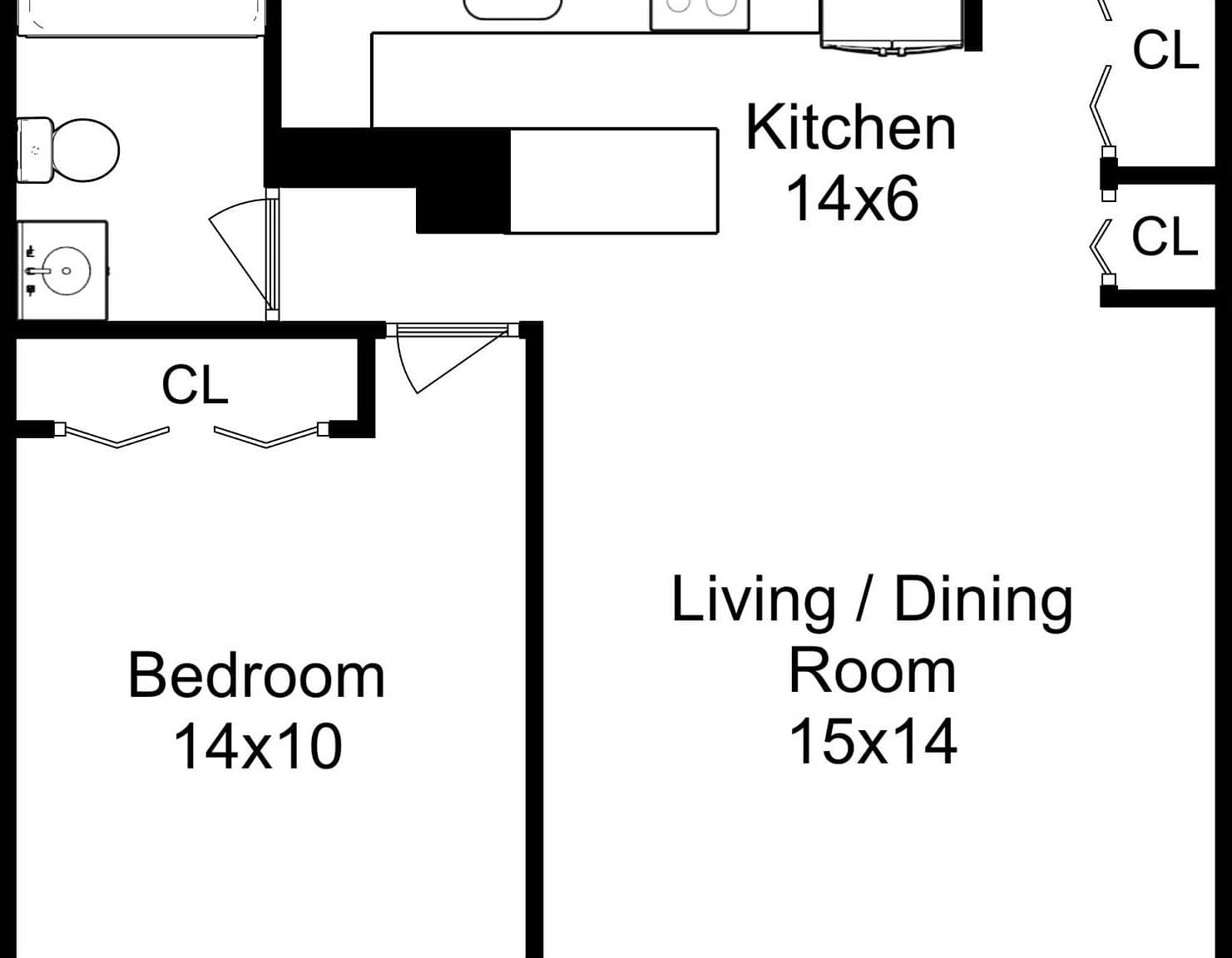 Floor plan highlights the kitchen opening to the living area.
