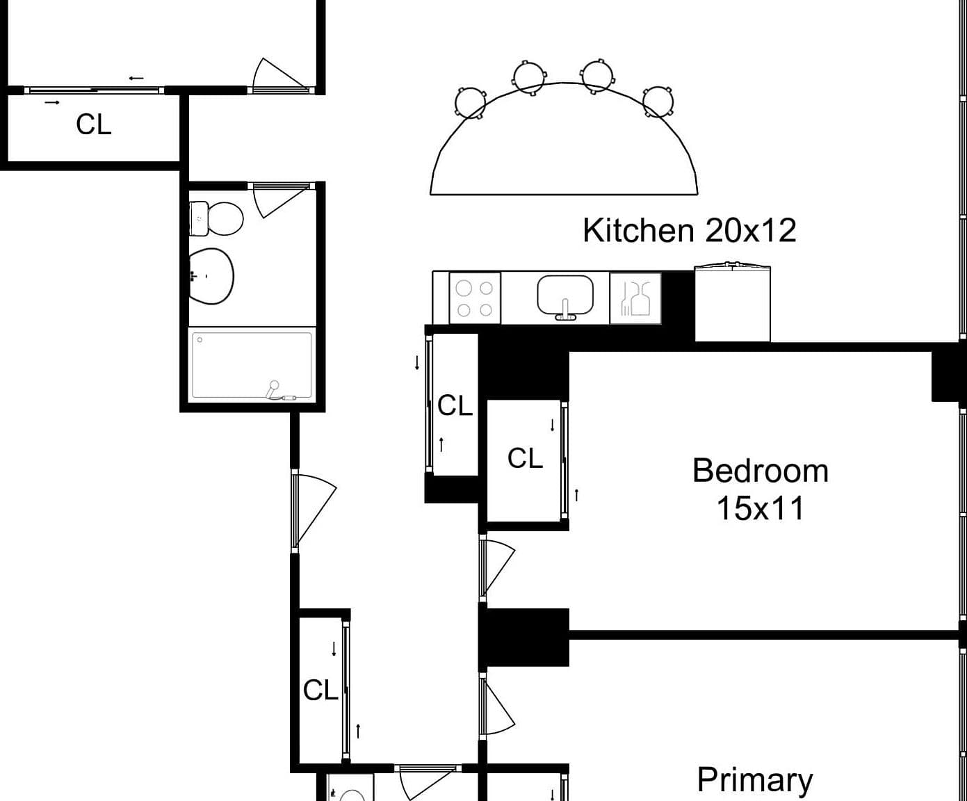 Floor plan highlights kitchen seating, a bedroom, and closet storage.