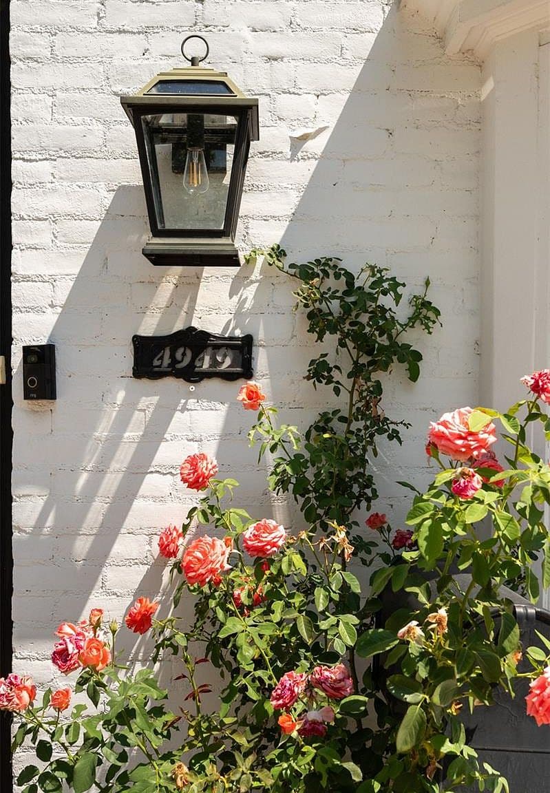 Lantern sconce and house number amid blooming roses