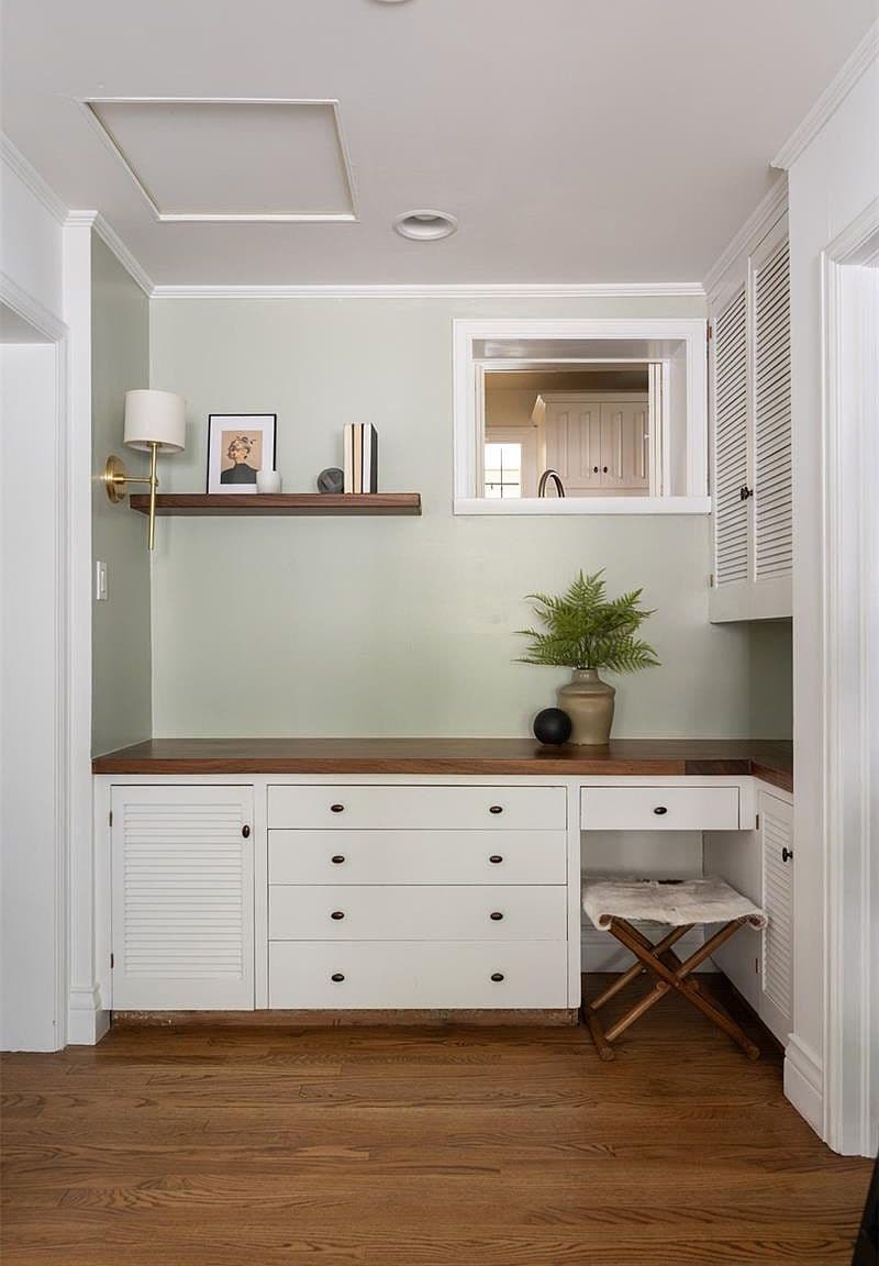 Catering kitchen desk nook with walnut counters