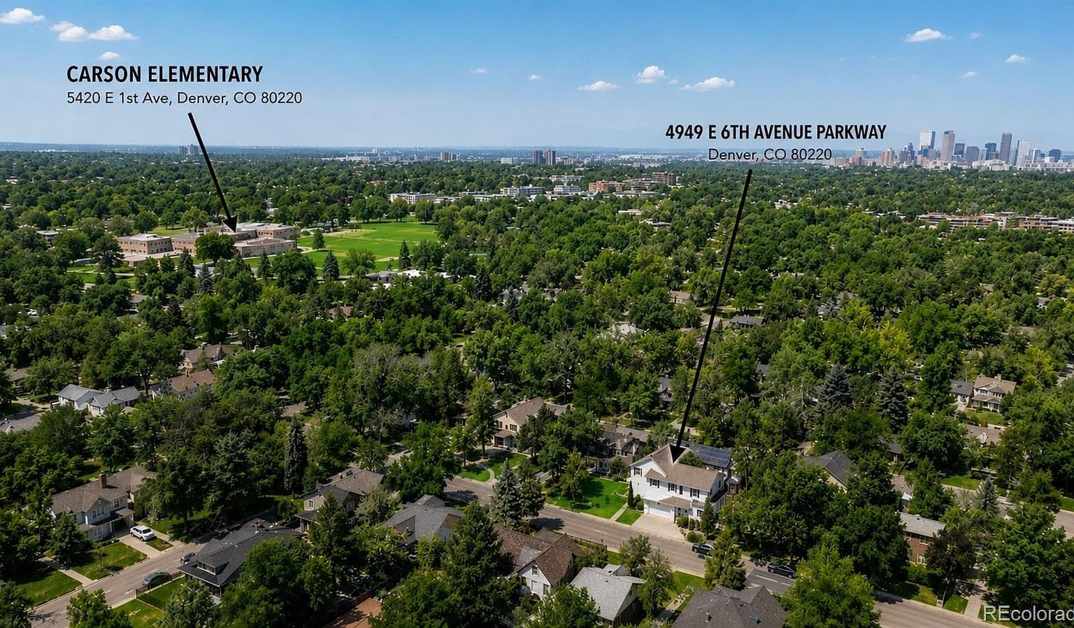 Aerial view showing home near Carson Elementary and downtown