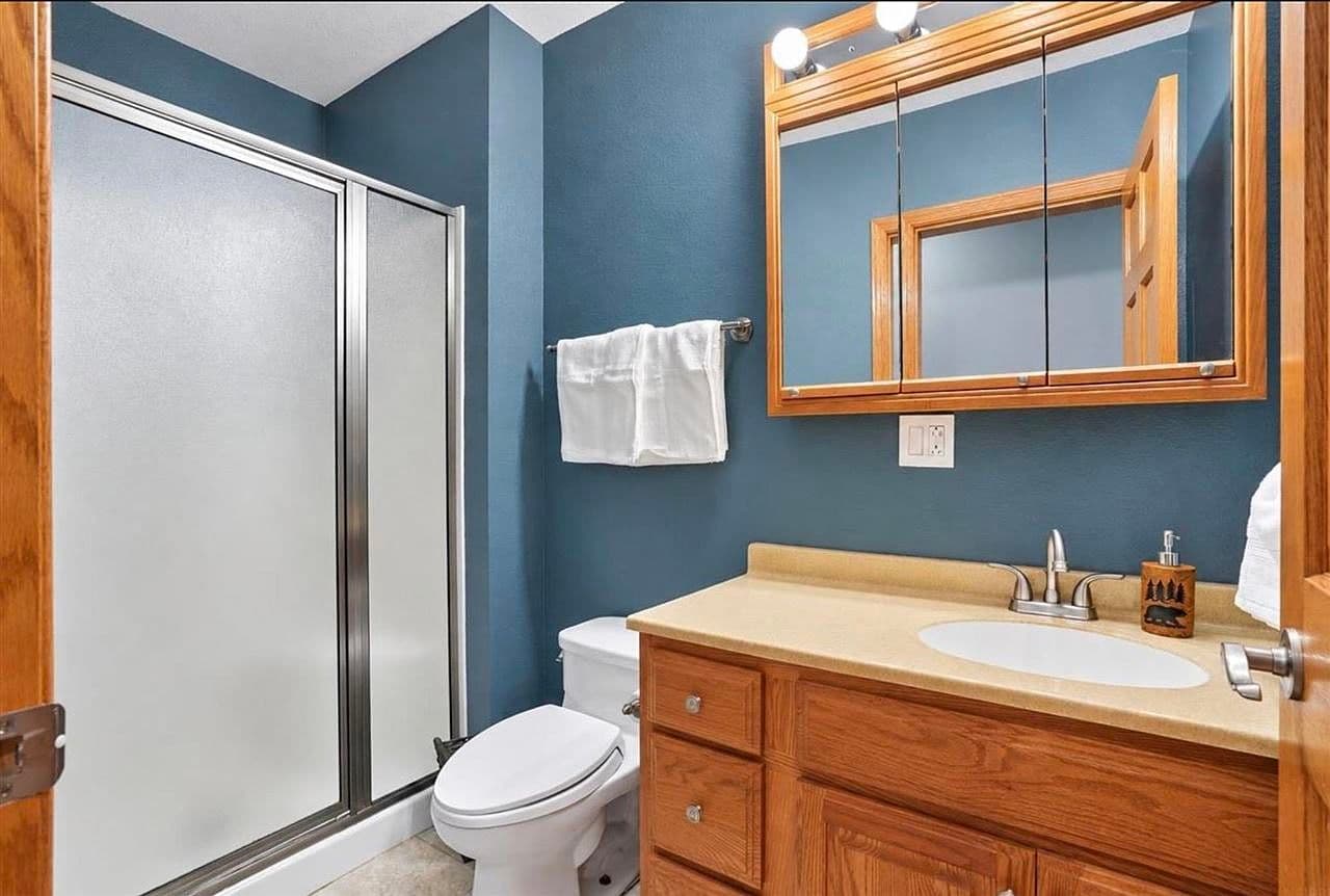 Full lower-level bath with walk-in shower and storage.