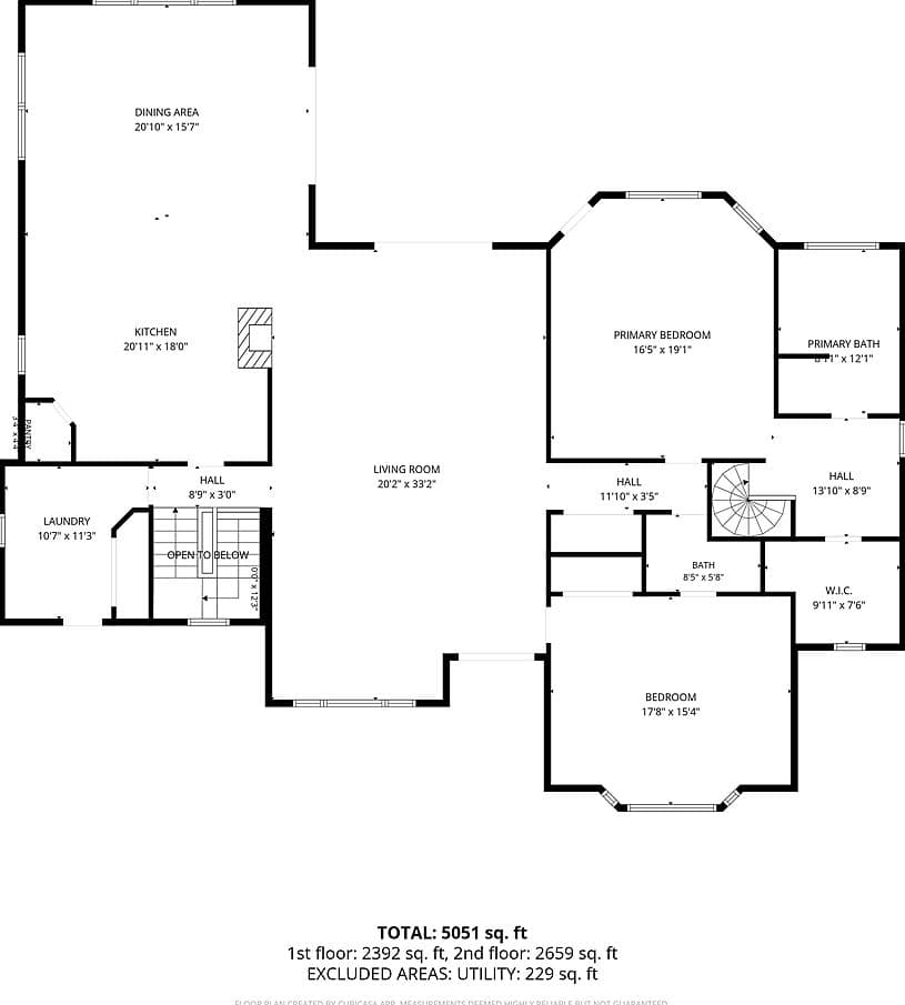 Main level: open-concept living, island kitchen, two bedrooms.