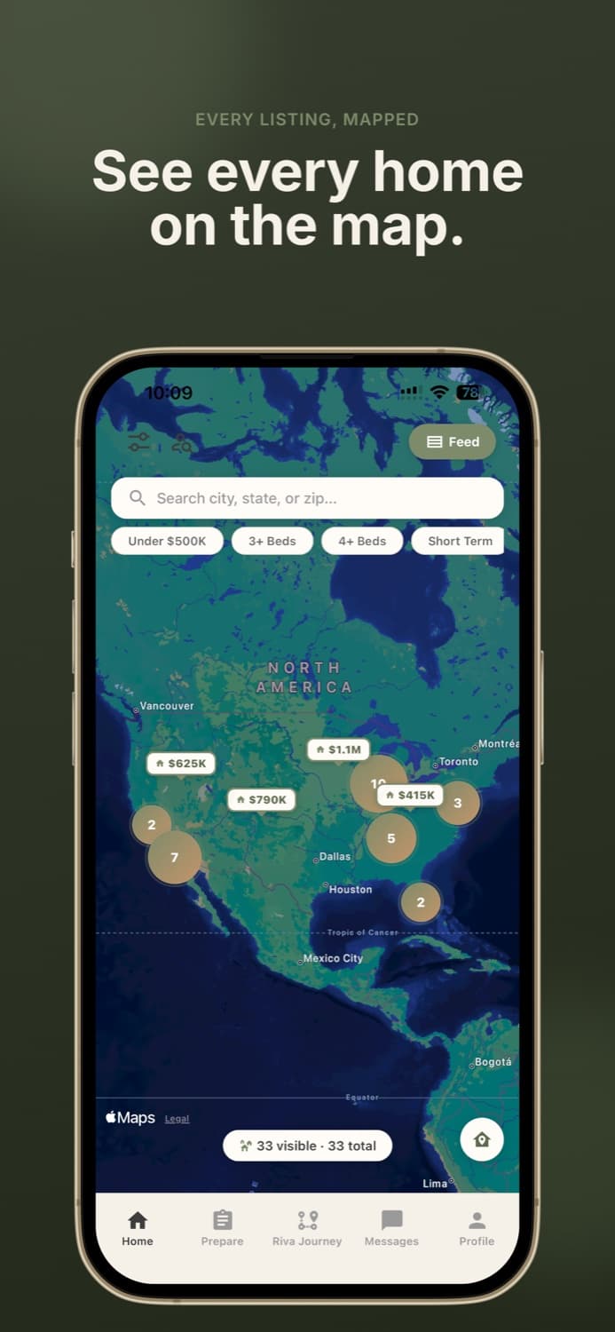 Riva map view showing listings across North America.