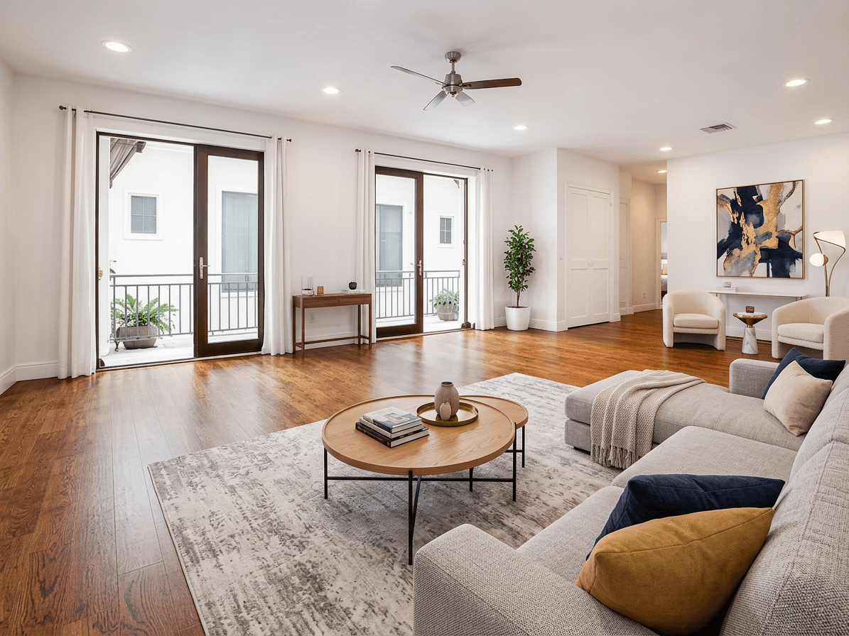The same living room virtually staged with furniture and decor.