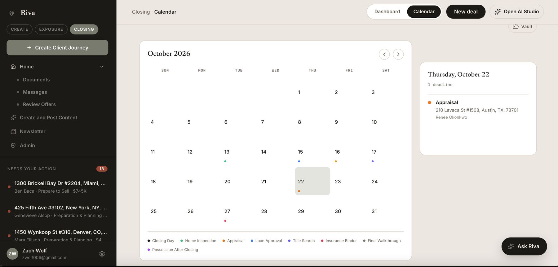 Riva calendar for October 2026 with color-coded deadlines; Thursday October 22 shows an appraisal for 210 Lavaca St #1508, Austin.