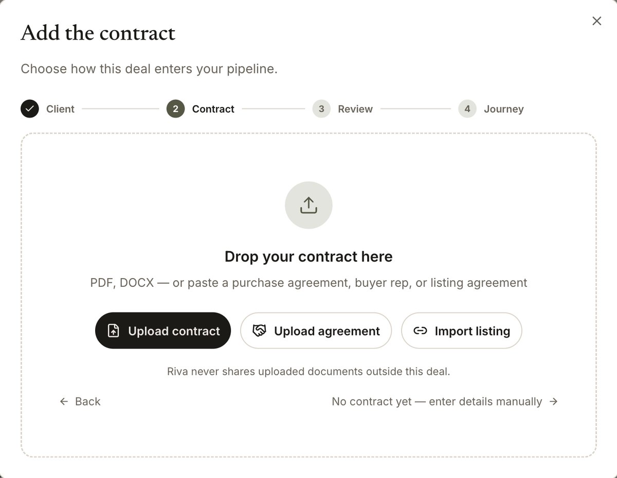 Add the contract step: drop your contract here, with upload contract, upload agreement, and import listing options.
