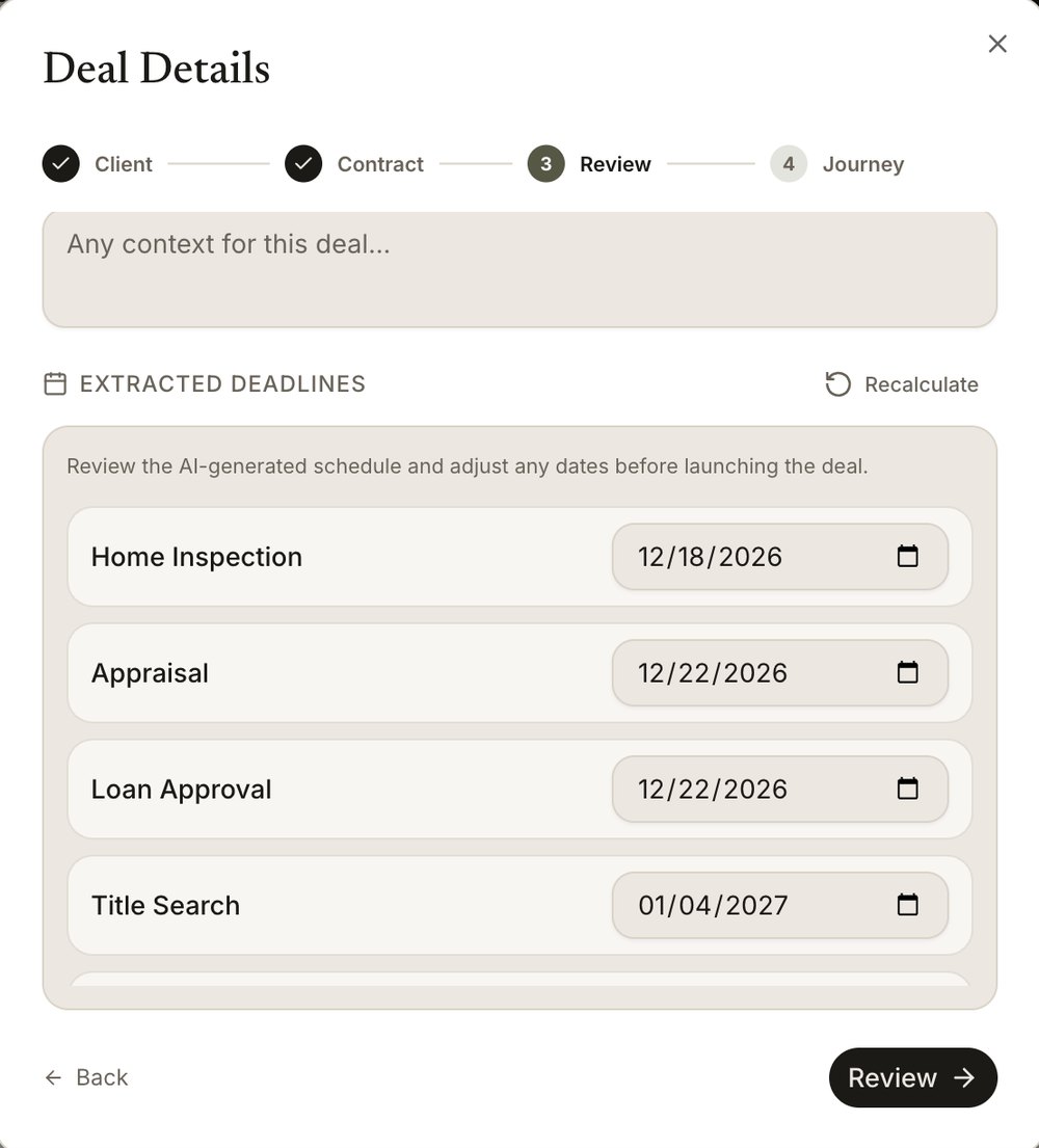 Extracted deadlines: home inspection 12/18/2026, appraisal 12/22/2026, loan approval 12/22/2026, title search 01/04/2027.